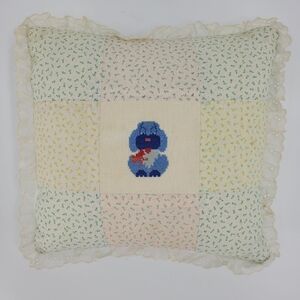 Handmade Vintage Quilted Cross Stitch Pillow Floral Dog Puppy Lace Grandma